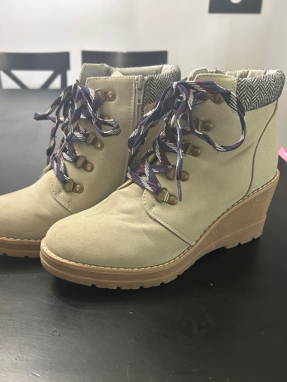 Maurices Beige Lace-Up Wedge Ankle Boots with Patterned Collar